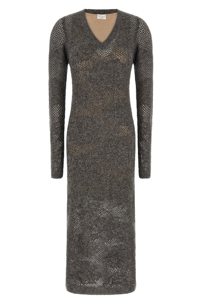 the brunello cucinelli flower lace long dress stands out for its complex mesh