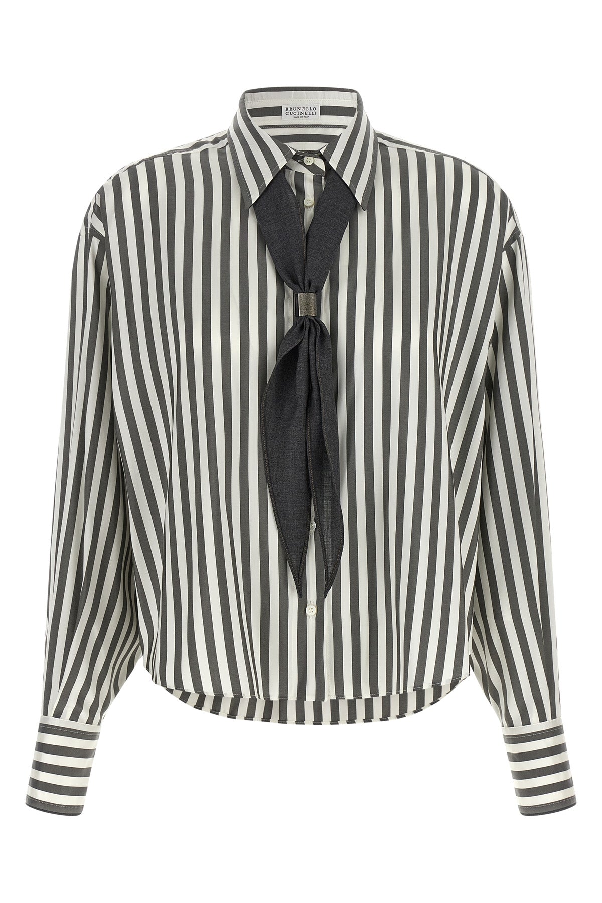 the brunello cucinelli silk poplin shirt stands out for a two-tone striped sarto