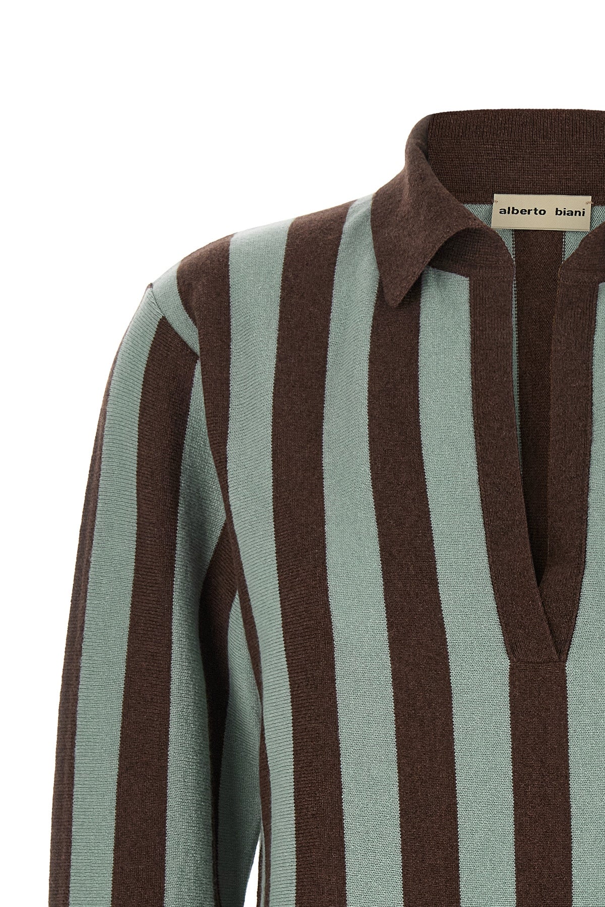 the alberto biani pure cashmere polo shirt stands out for its maxi vertical stri