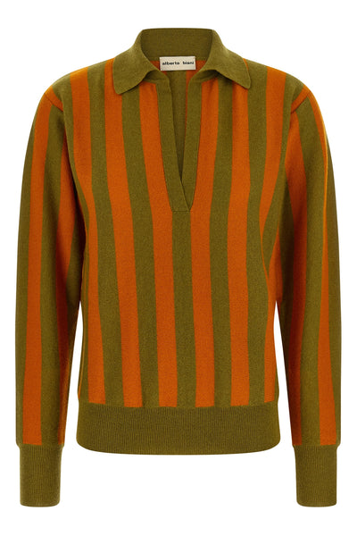 the alberto biani striped cashmere polo shirt redefines luxury knitwear through