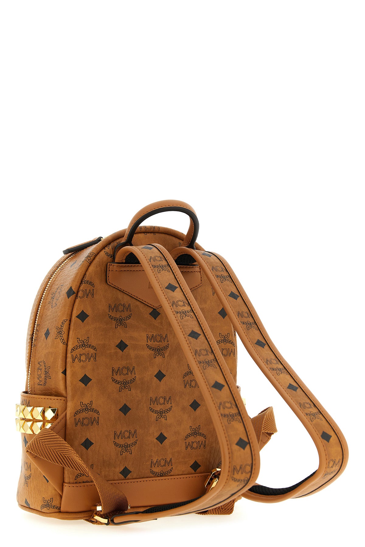 the mcm stark mini backpack is made of the famous visetos canvas