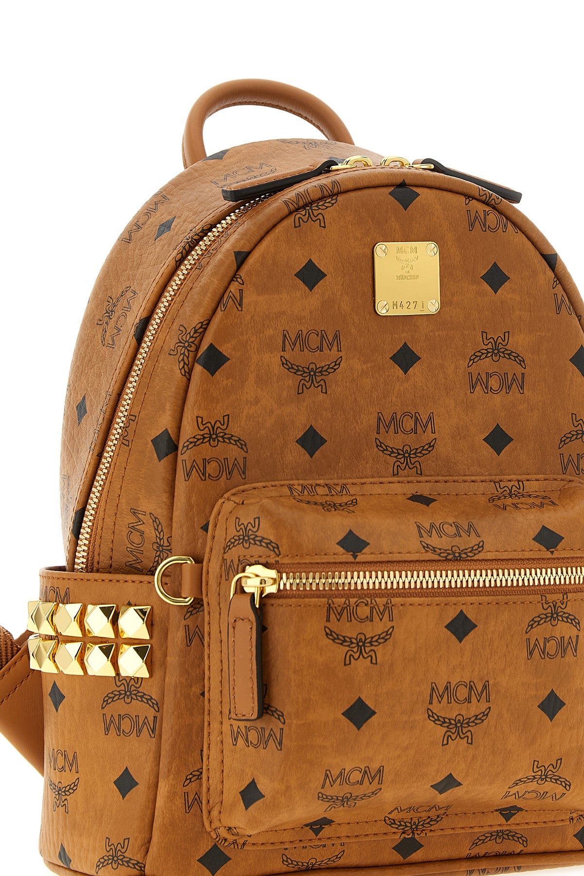 the mcm stark mini backpack is made of the famous visetos canvas