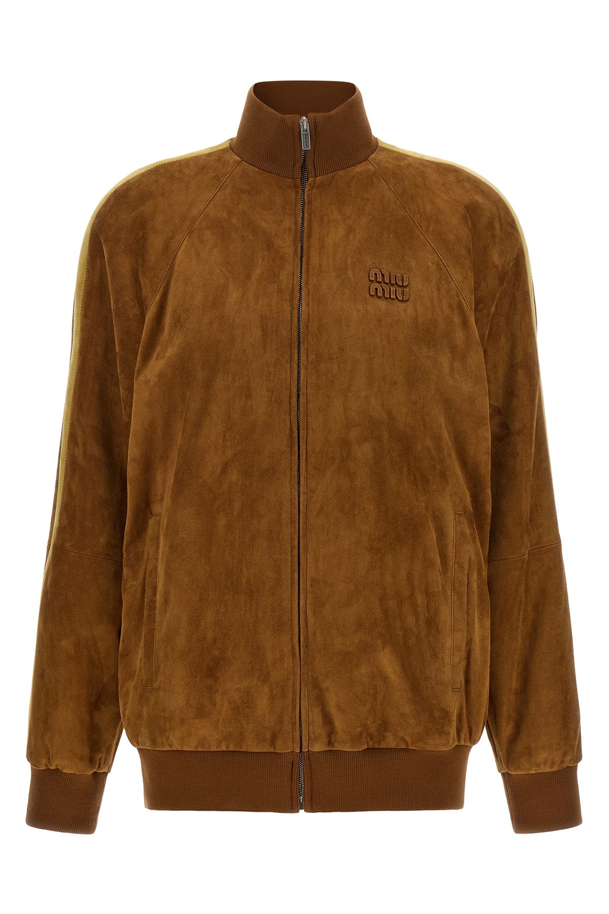 miu mius lined bomber jacket in waxed suede redefines the codes of sportswear t