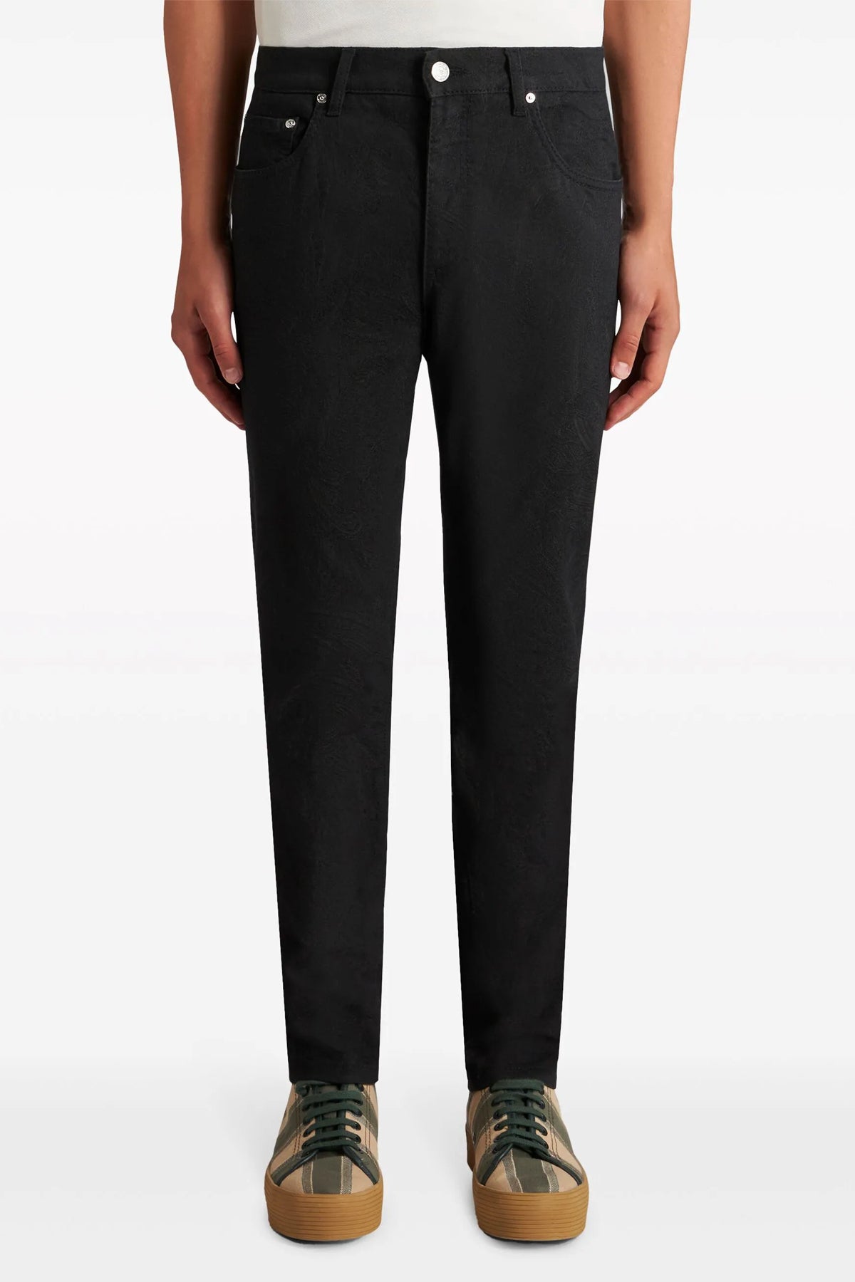 all-over tone-on-tone jacquard stretch cotton blend denim jeans