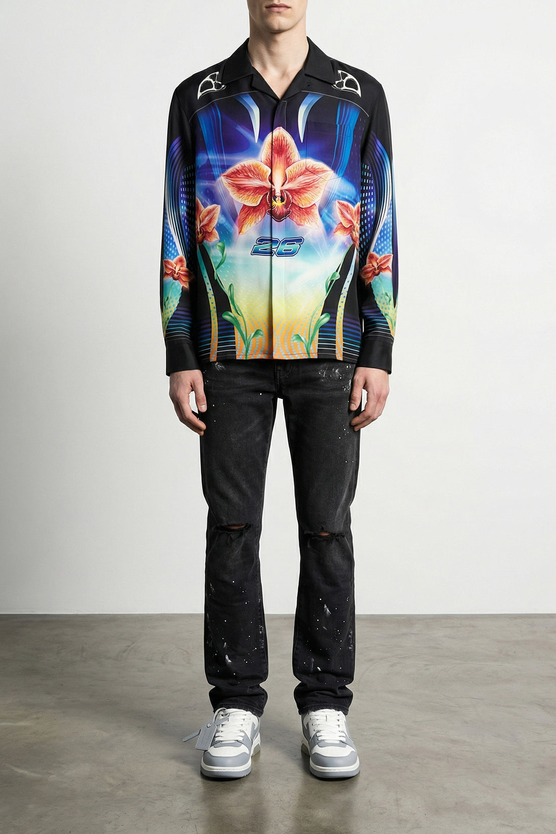 CASABLANCA L all-over orchid racer print silk twill shirt