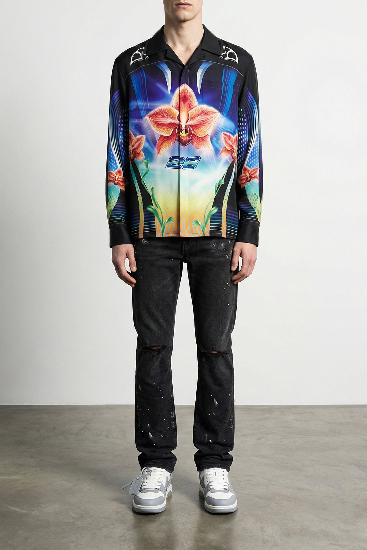 all-over orchid racer print silk twill shirt