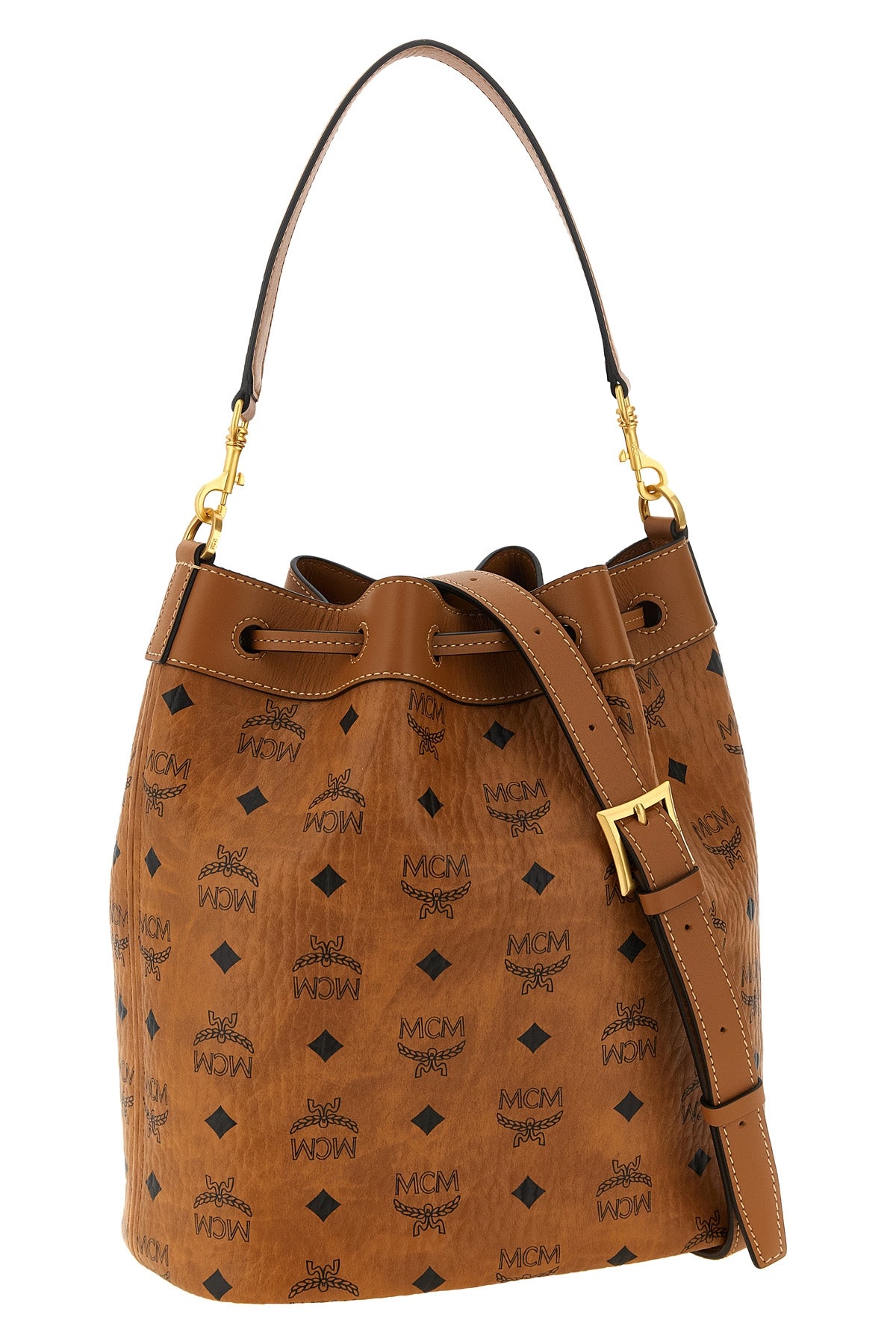 the bucket shoulder bag by mcm dessau defines a structured aesthetic through t