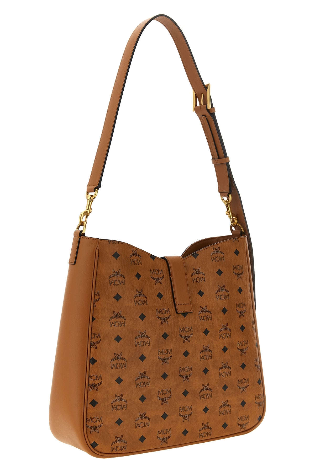 the large mcm tracy shoulder bag defines a structured aesthetic through the ic