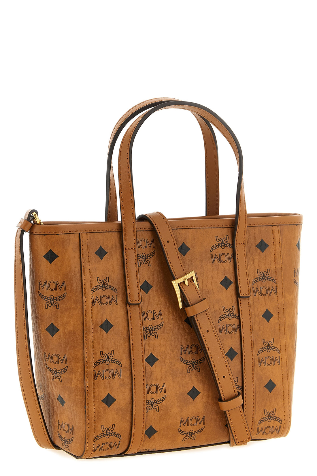 MCM OS mcms toni small shopper bag features a structured silhouette defined by the m