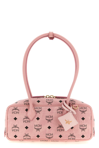 the small mcm aren east west shoulder bag is distinguished by a structured eas