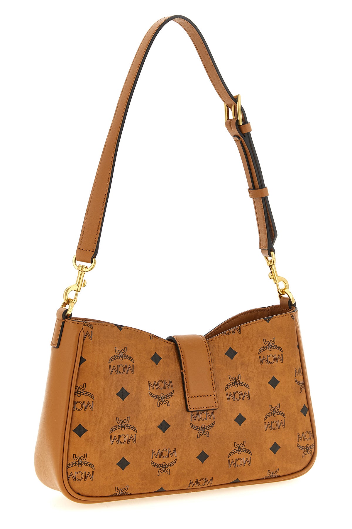 the mcm tracy shoulder bag defines a structured aesthetic through its iconic c
