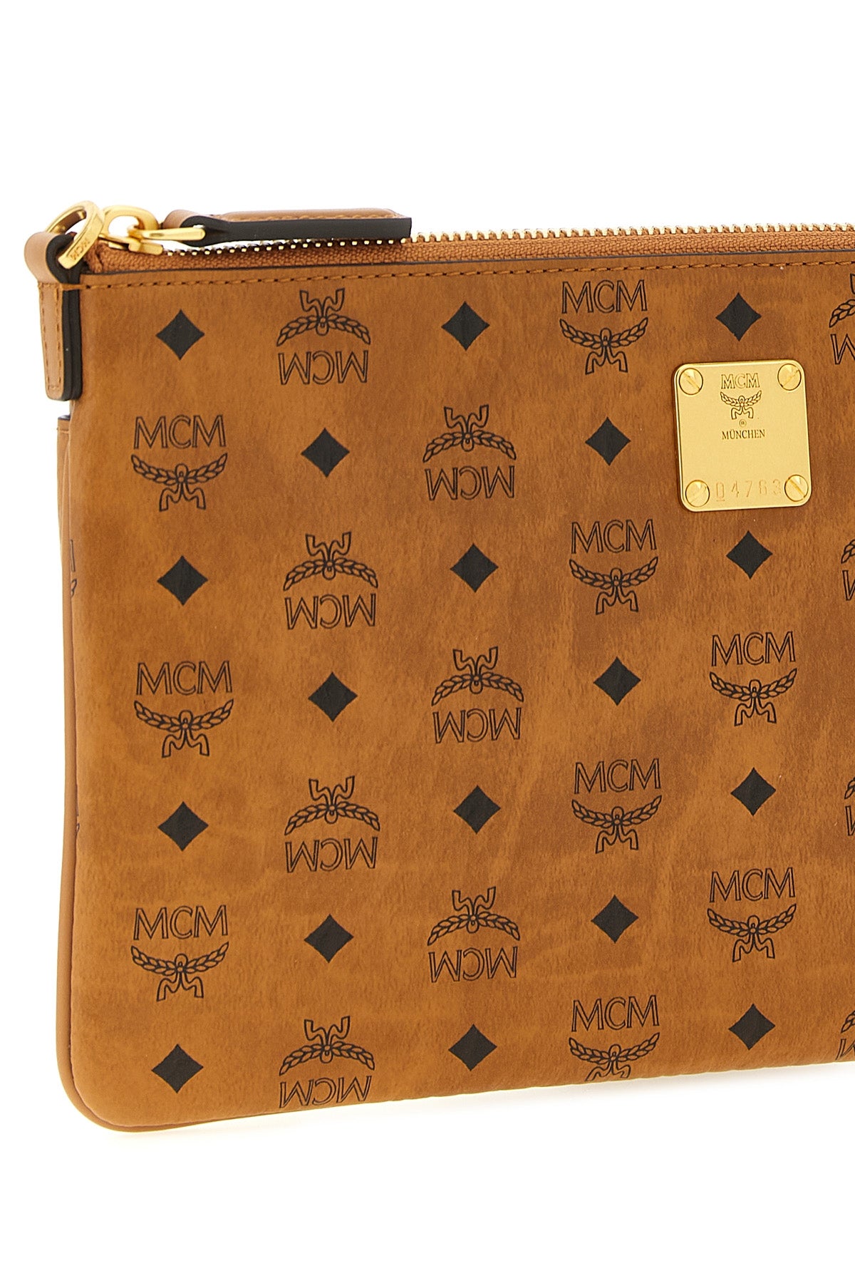 the mcm aren mini clutch bag is made of visetos monogram canvas