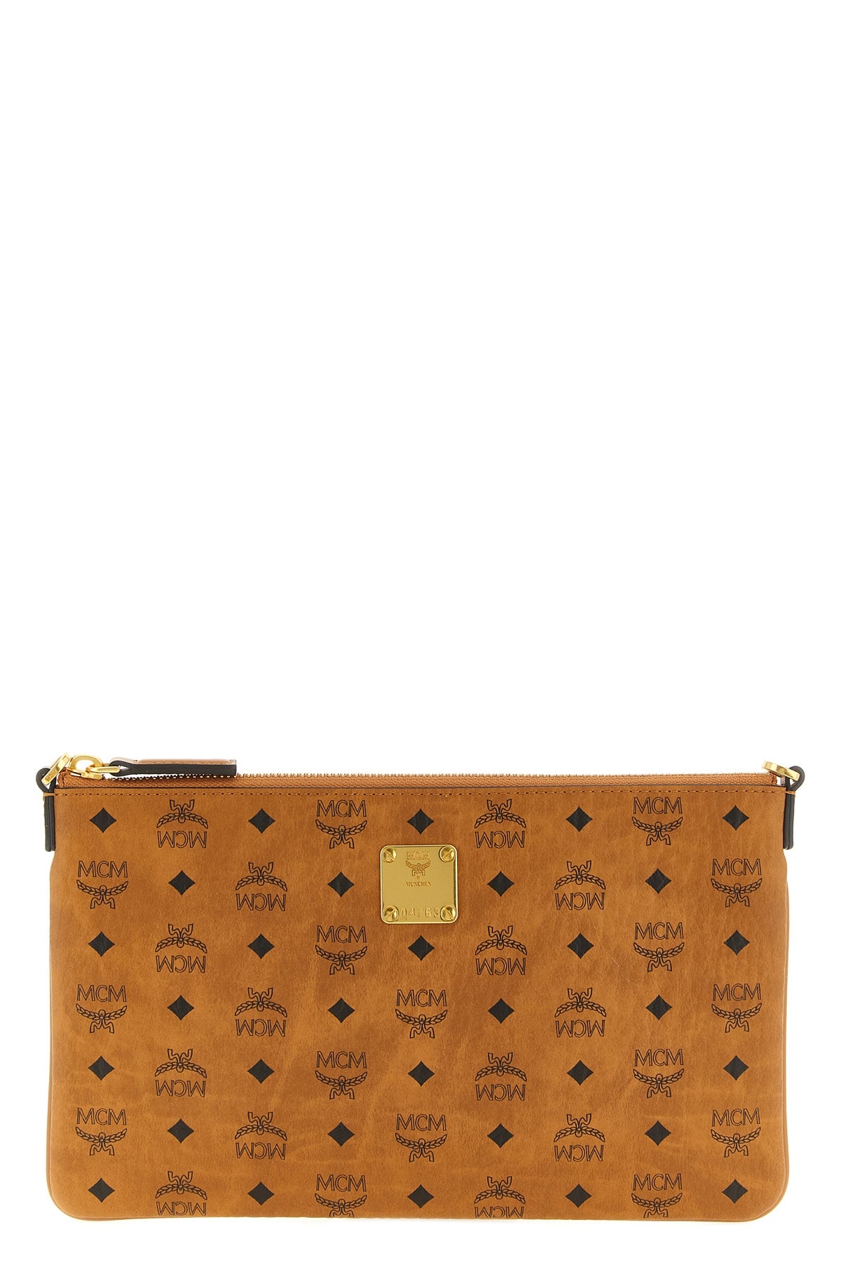the mcm aren mini clutch bag is made of visetos monogram canvas
