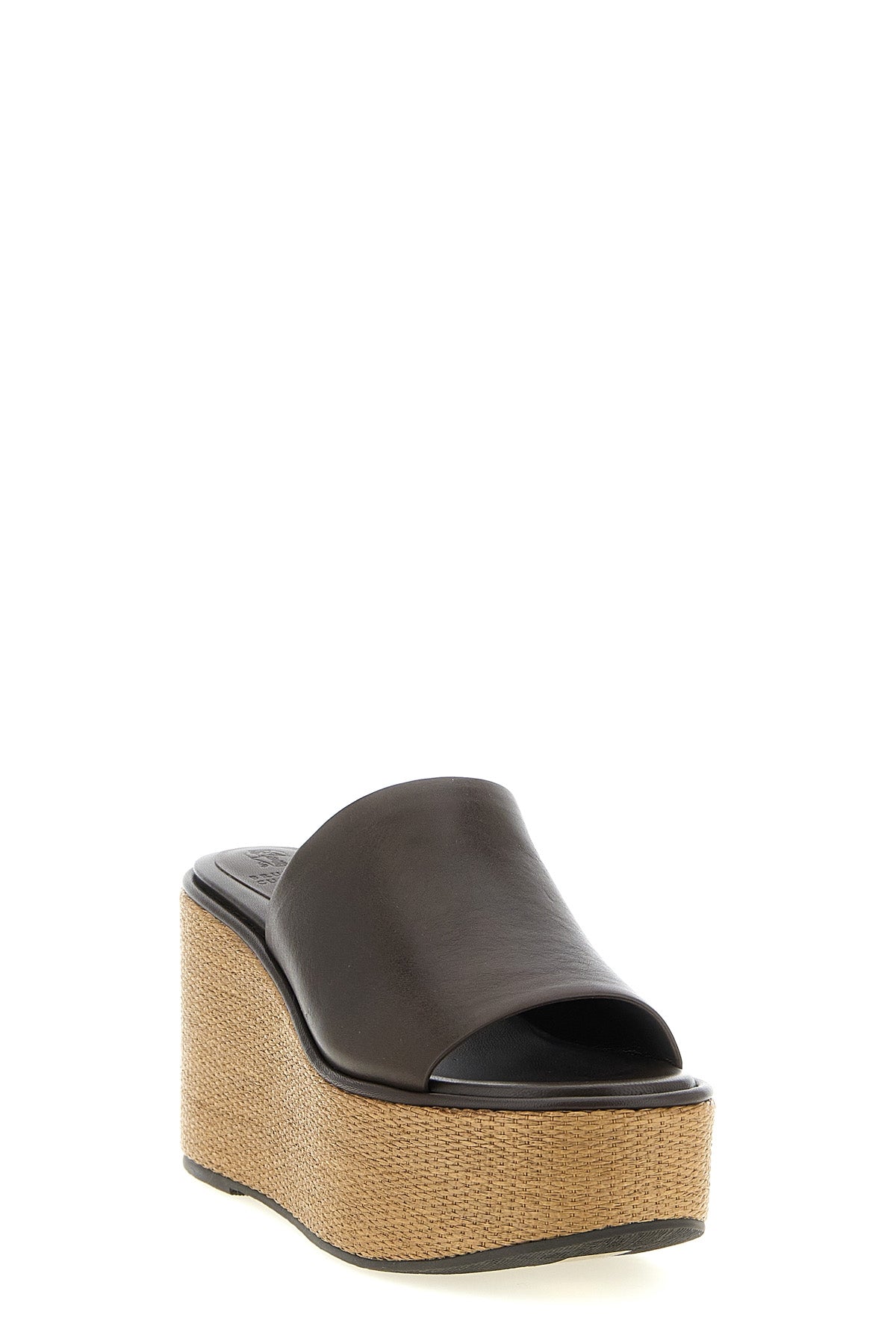 wedges in cowhide leather and braided raffia