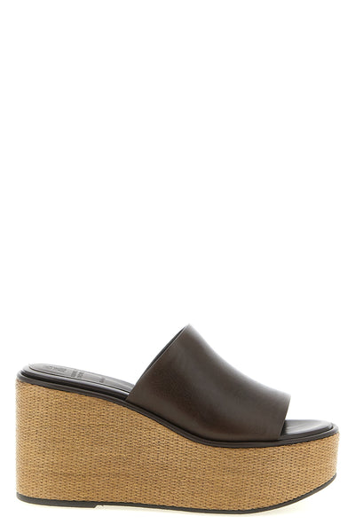 wedges in cowhide leather and braided raffia