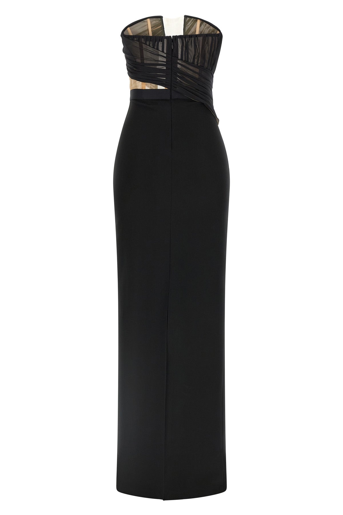 long corsetted draped maxi dress in fluid viscose