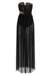 long corsetto draped gown dress in semi-transparent tulle