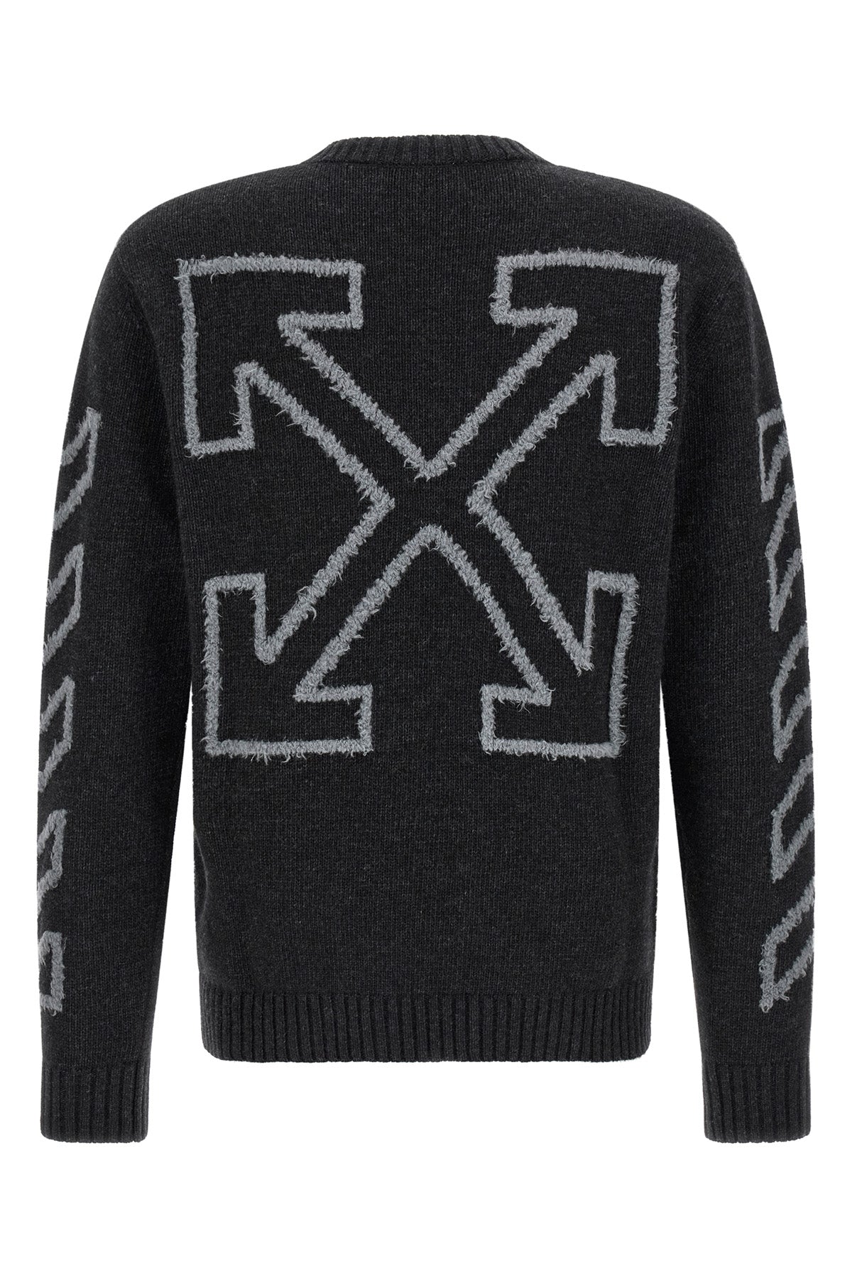 the off-white diagonal arrow fuzzy crew neck sweater