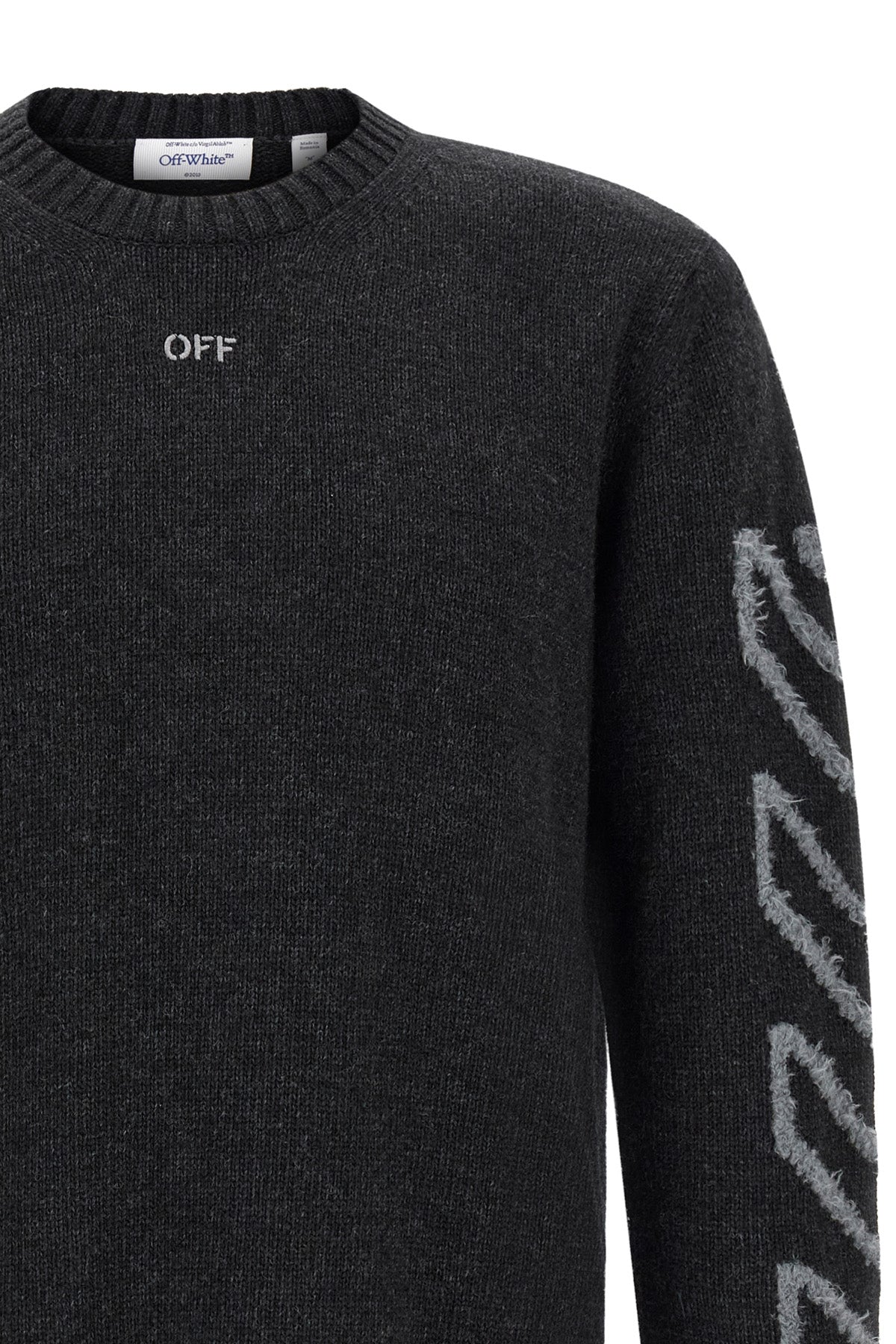 the off-white diagonal arrow fuzzy crew neck sweater
