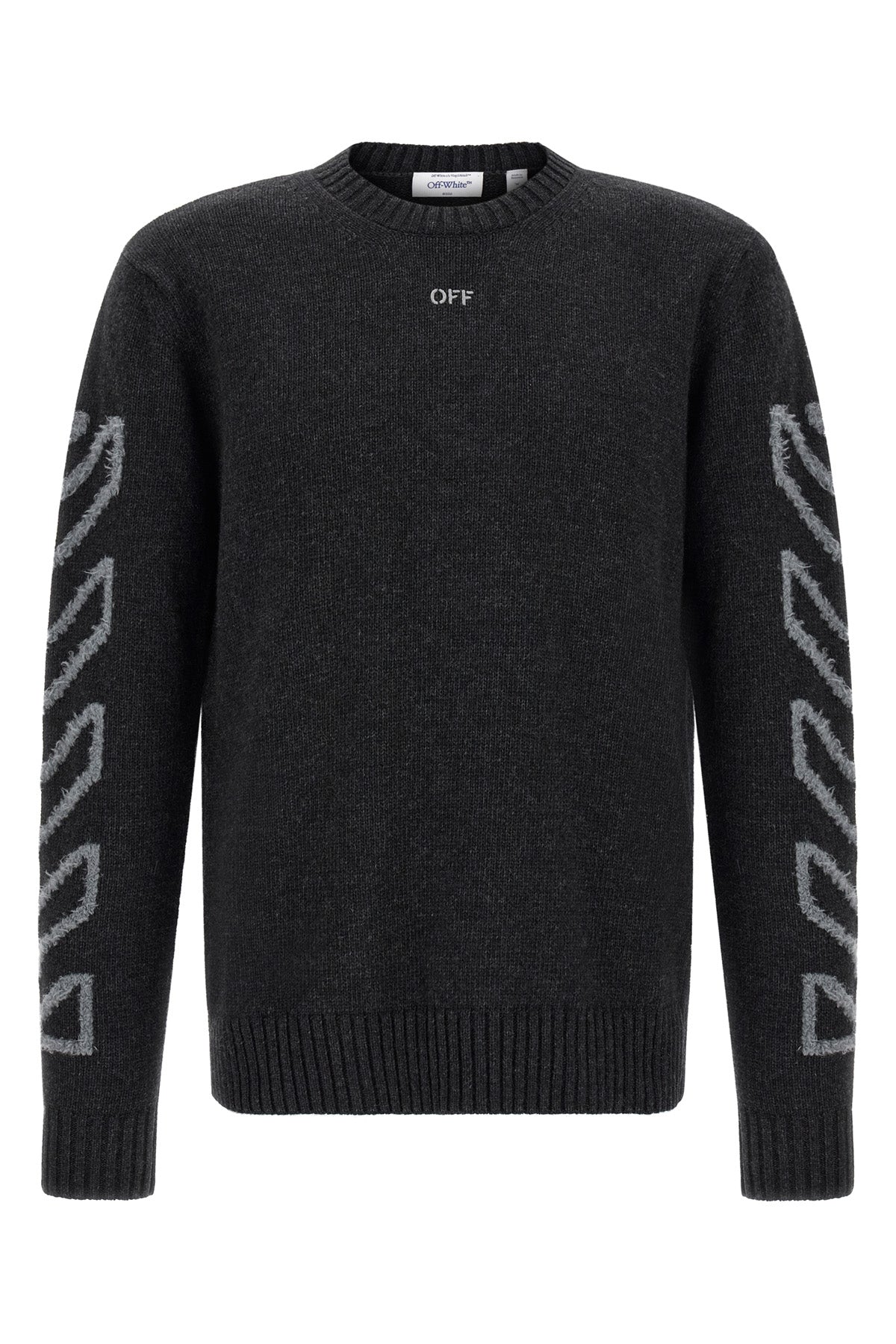 the off-white diagonal arrow fuzzy crew neck sweater