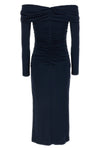 off-the-shoulder off-shoulder 3/4 slv ruched midi fluid fabric dress