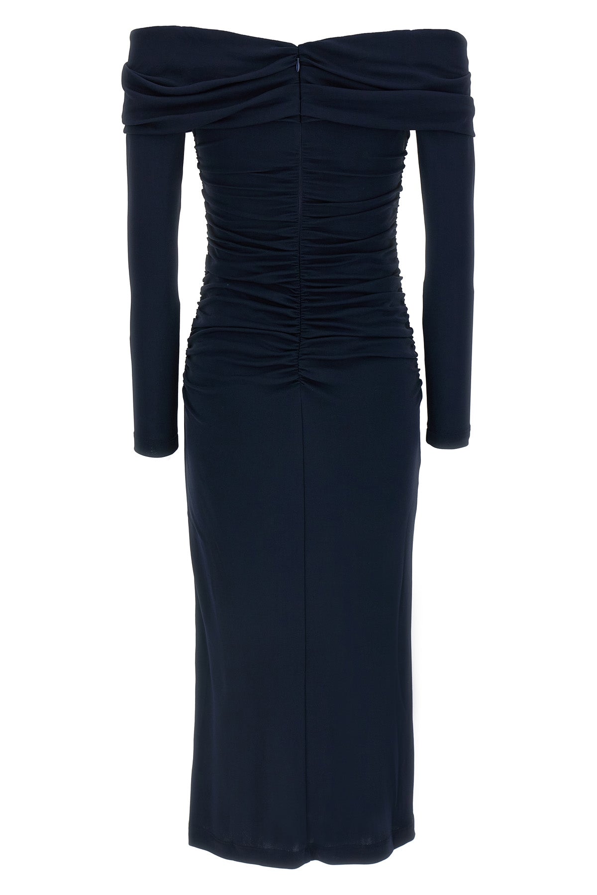 off-the-shoulder off-shoulder 3/4 slv ruched midi fluid fabric dress