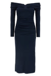 off-the-shoulder off-shoulder 3/4 slv ruched midi fluid fabric dress