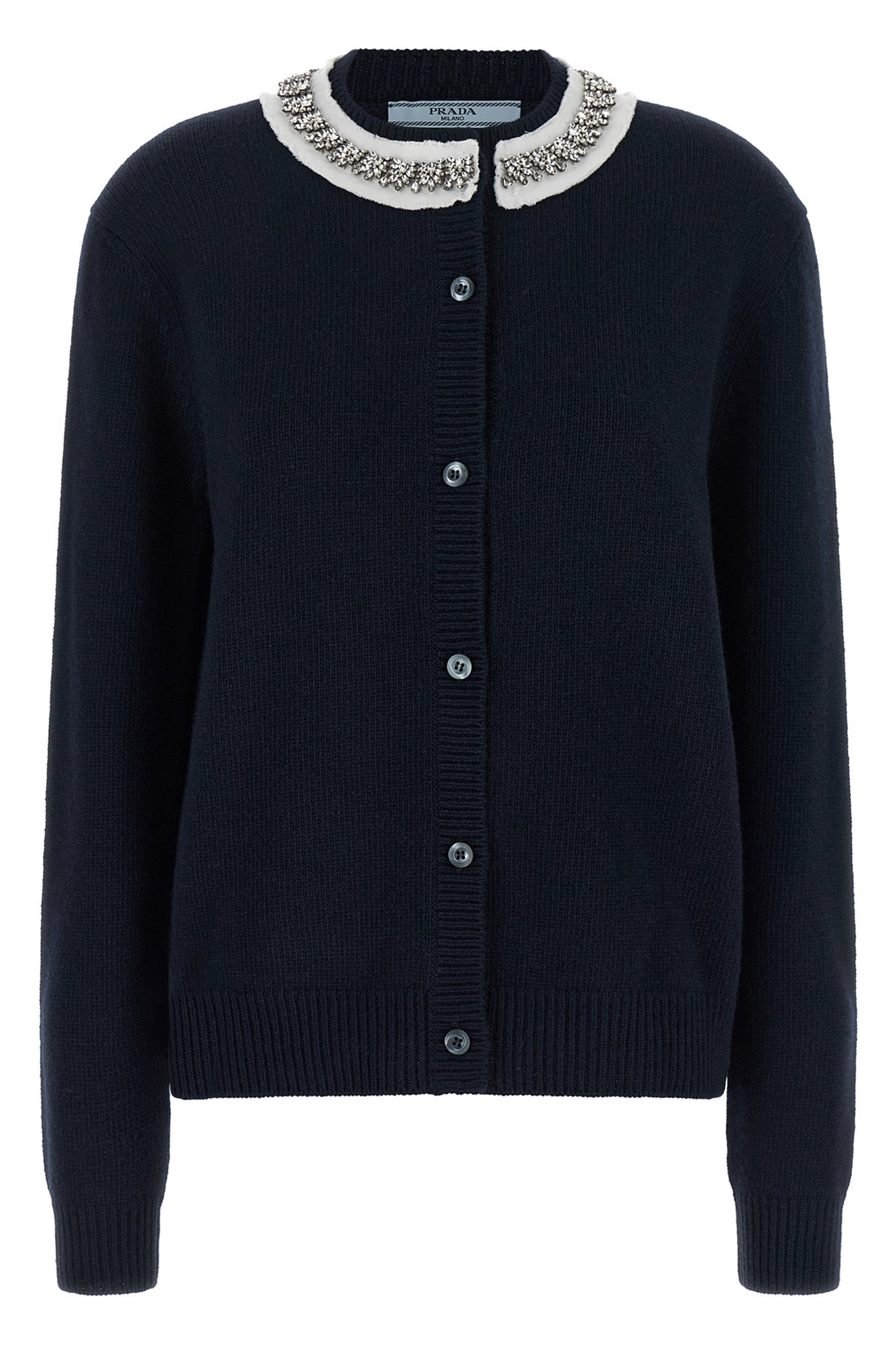 PRADA 40 the prada cardigan in fine navy blue yarn embodies timeless elegance through une