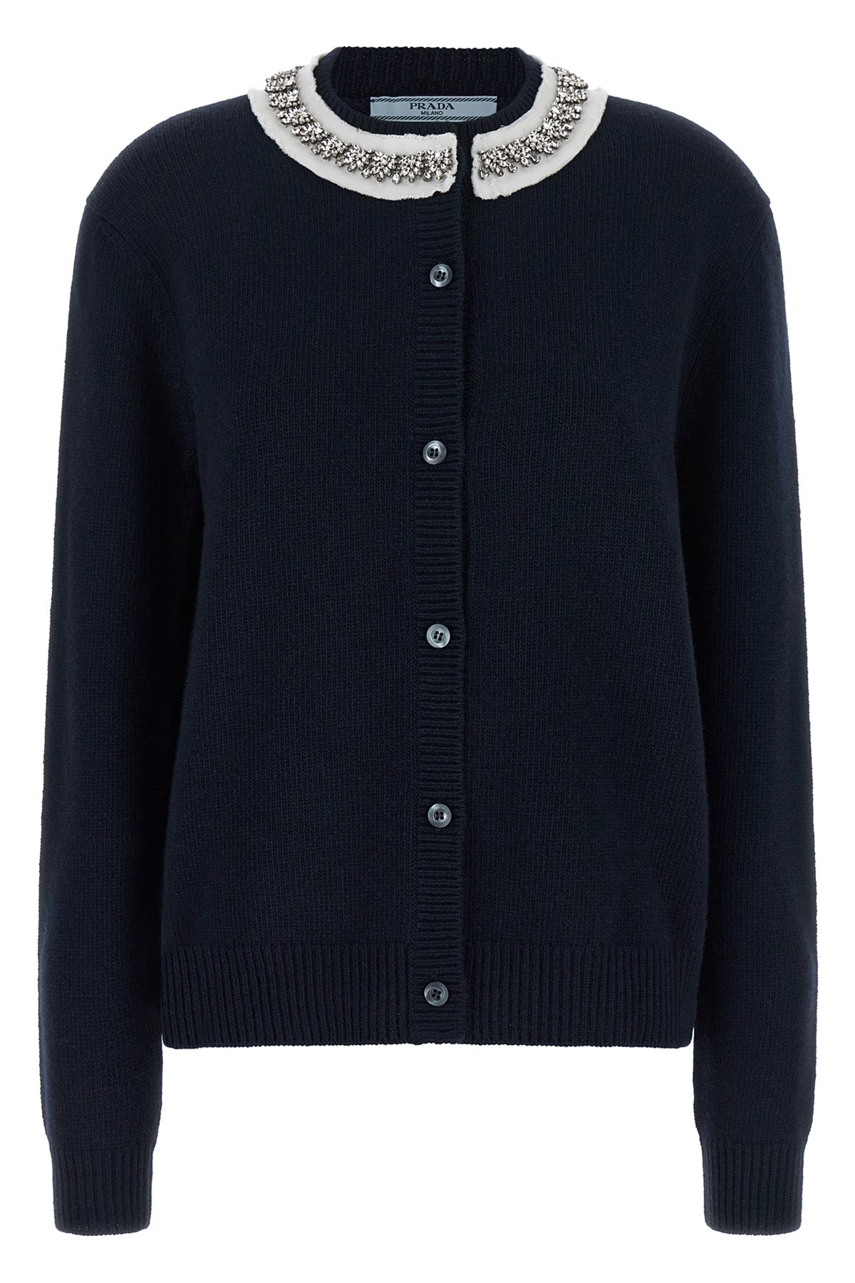 the prada cardigan in fine navy blue yarn embodies timeless elegance through une