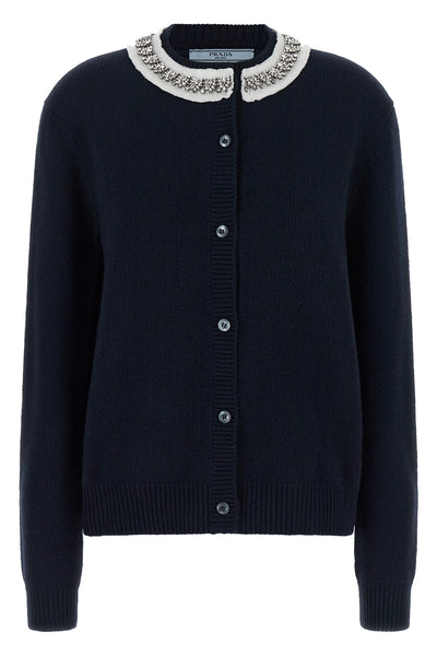 the prada cardigan in fine navy blue yarn embodies timeless elegance through une
