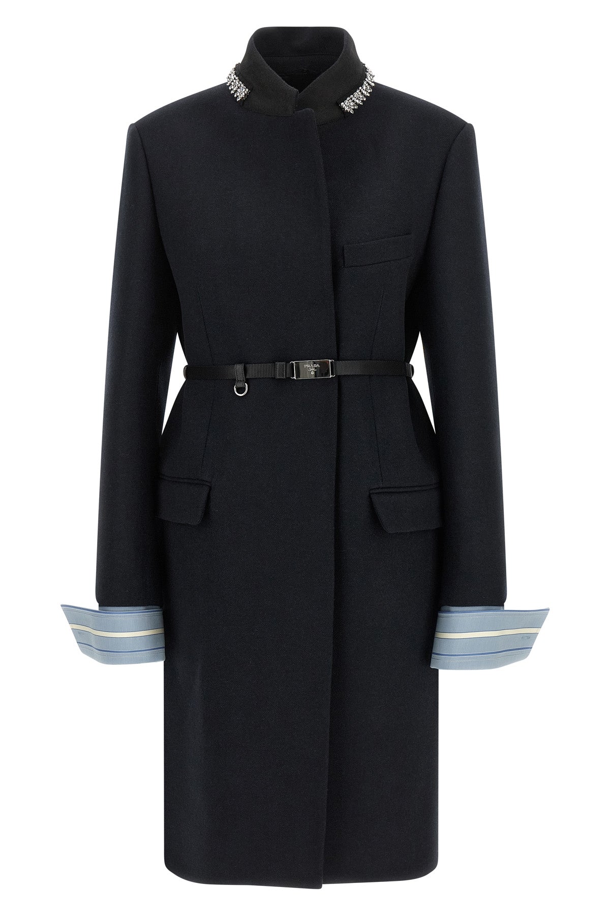 the prada pure virgin wool coat defines a rigorous and elegant sartorial model
