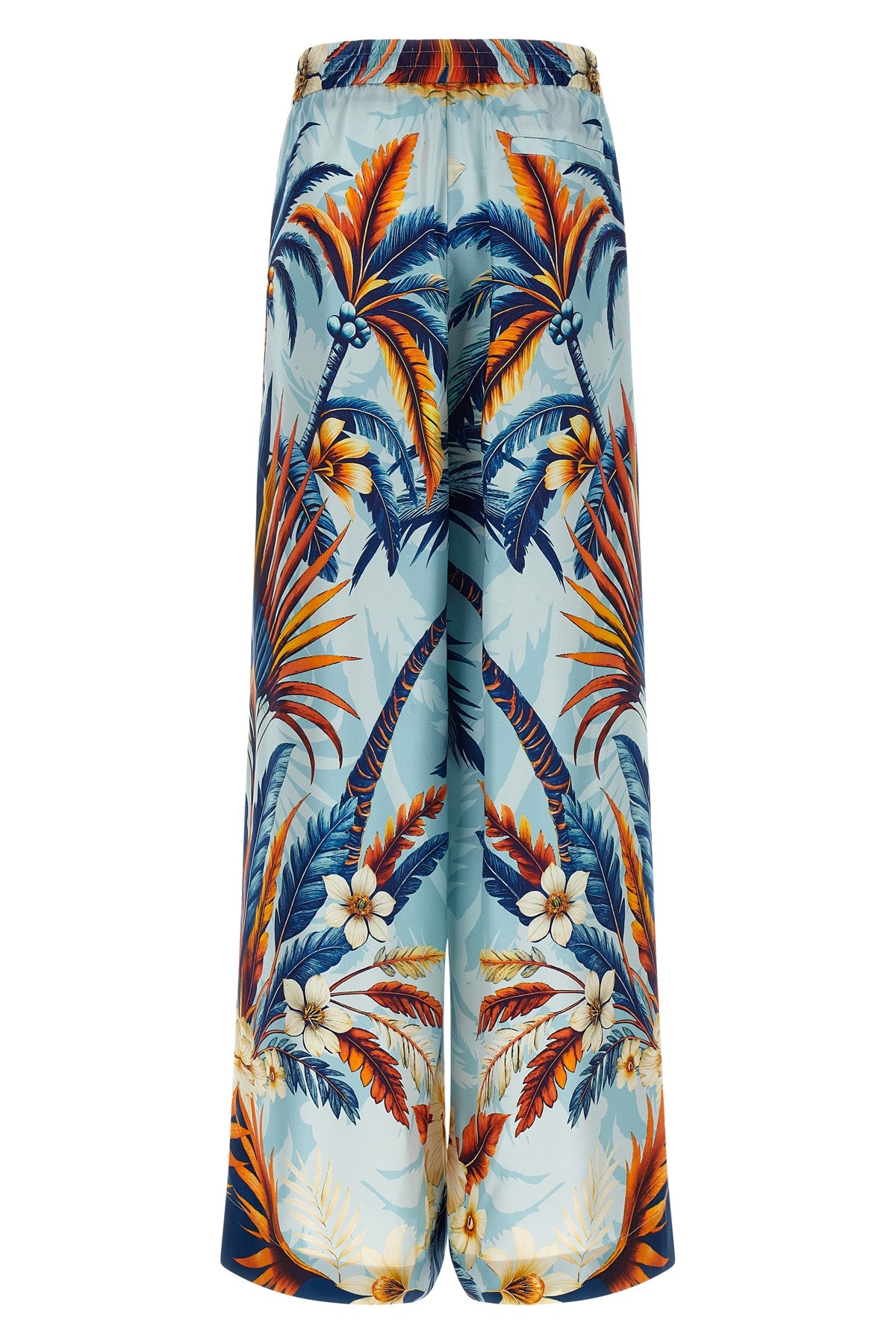ecuba all-over palm bouquet print silk twill pants