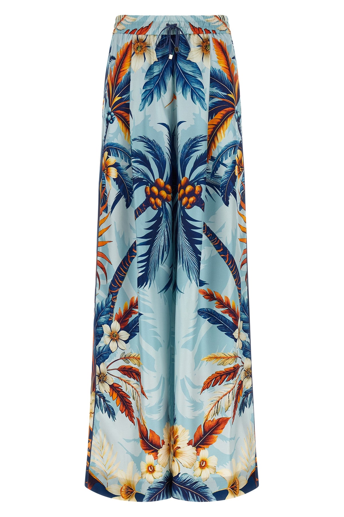ecuba all-over palm bouquet print silk twill pants
