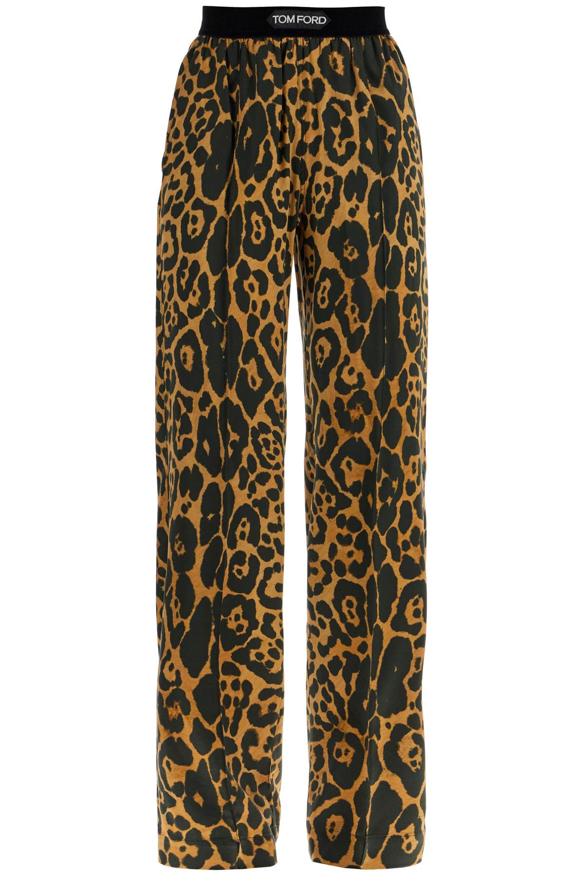 wide leg leopard print silk pants in camel and black