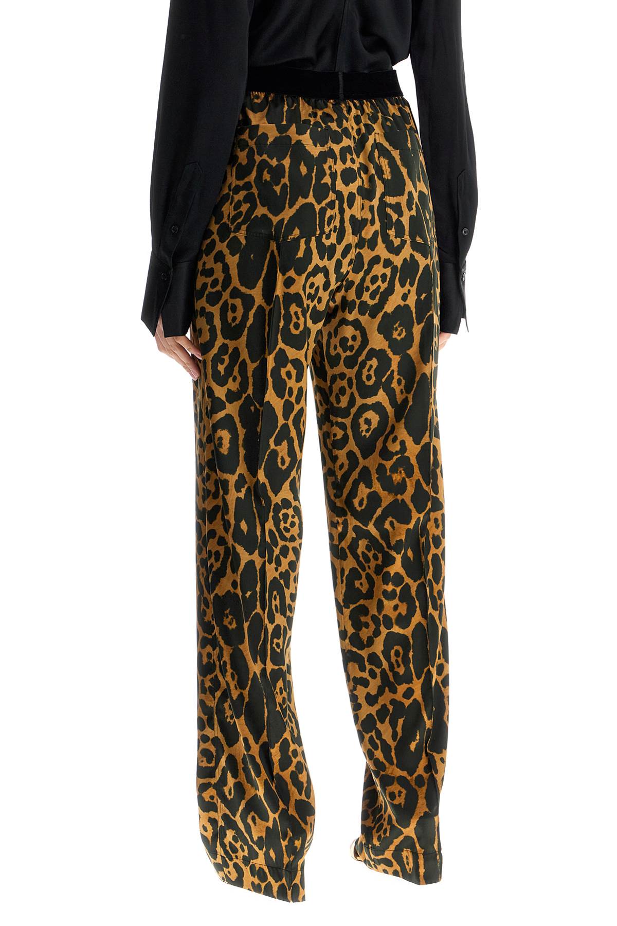 wide leg leopard print silk pants in camel and black