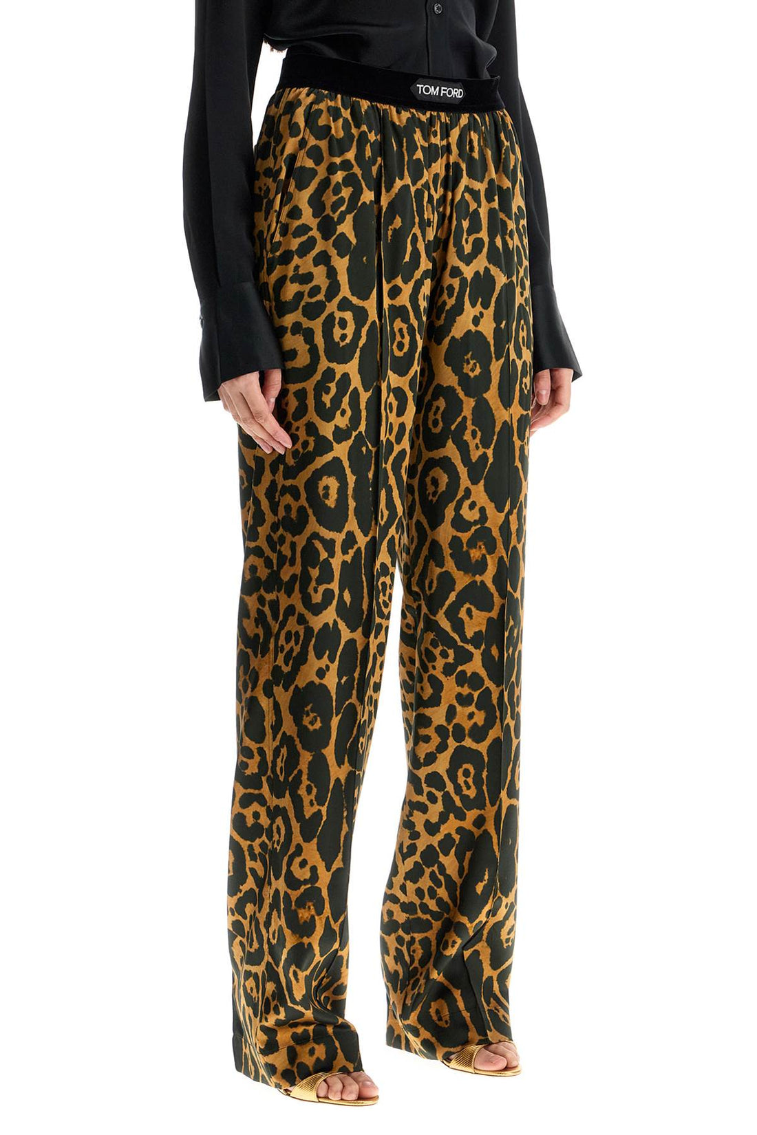 wide leg leopard print silk pants in camel and black