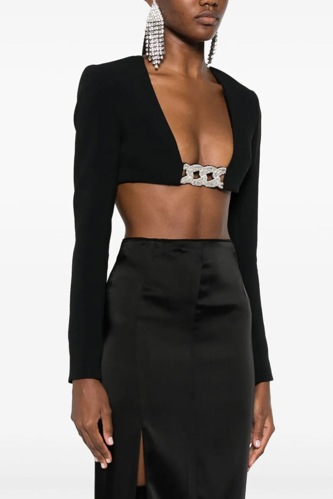 DAVID KOMA 12 3d crystsal chain and square neck top in stretch cady