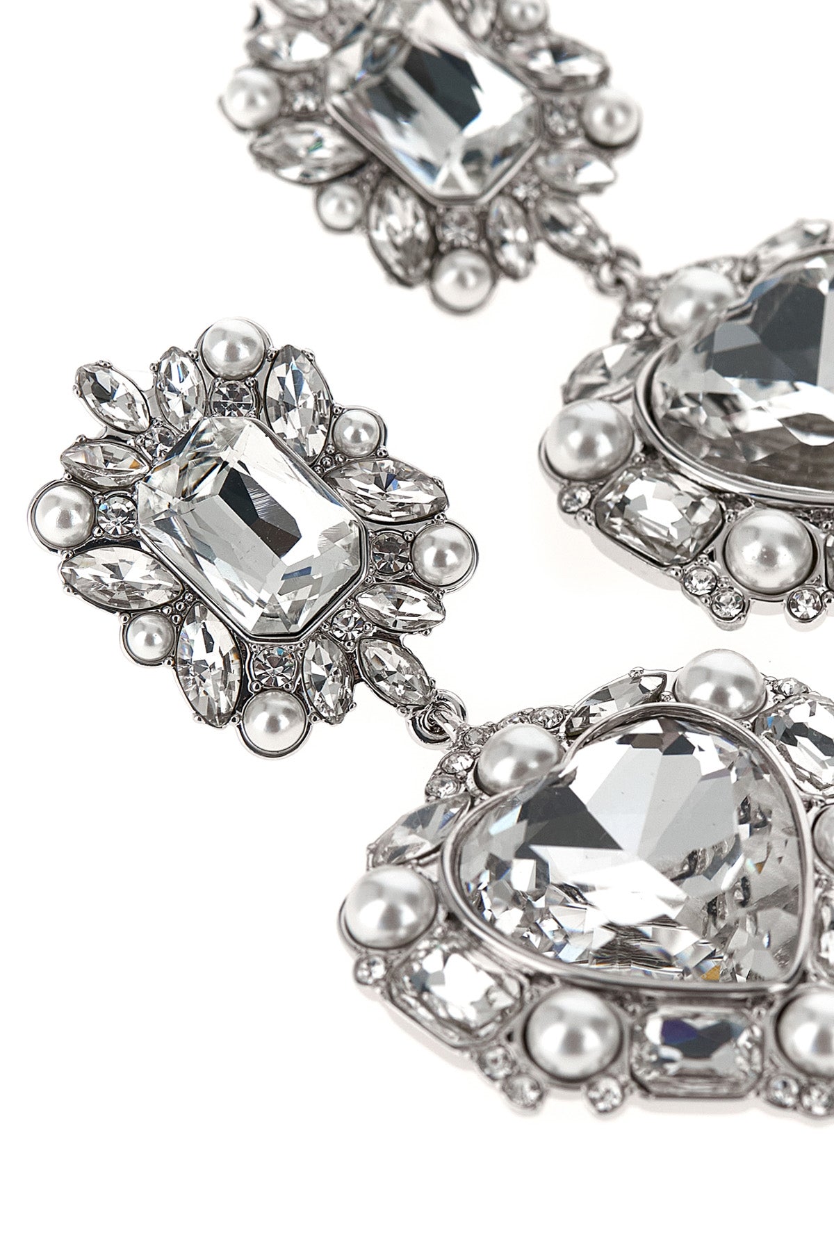 crystal pearl tiered heart earrings in silver-plated brass