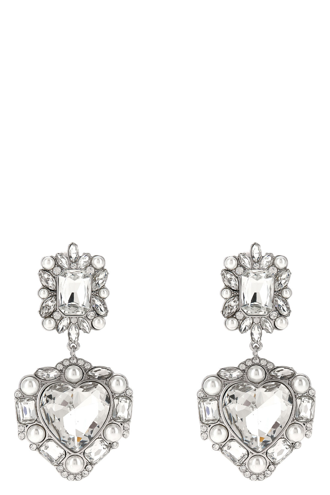 SELF PORTRAIT OS crystal pearl tiered heart earrings in silver-plated brass