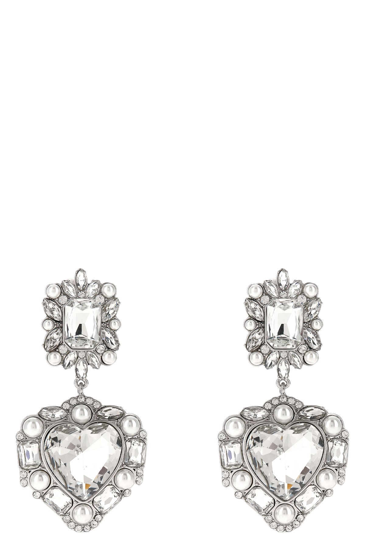 crystal pearl tiered heart earrings in silver-plated brass