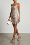 champagne rhinestone draped mini tulle dress