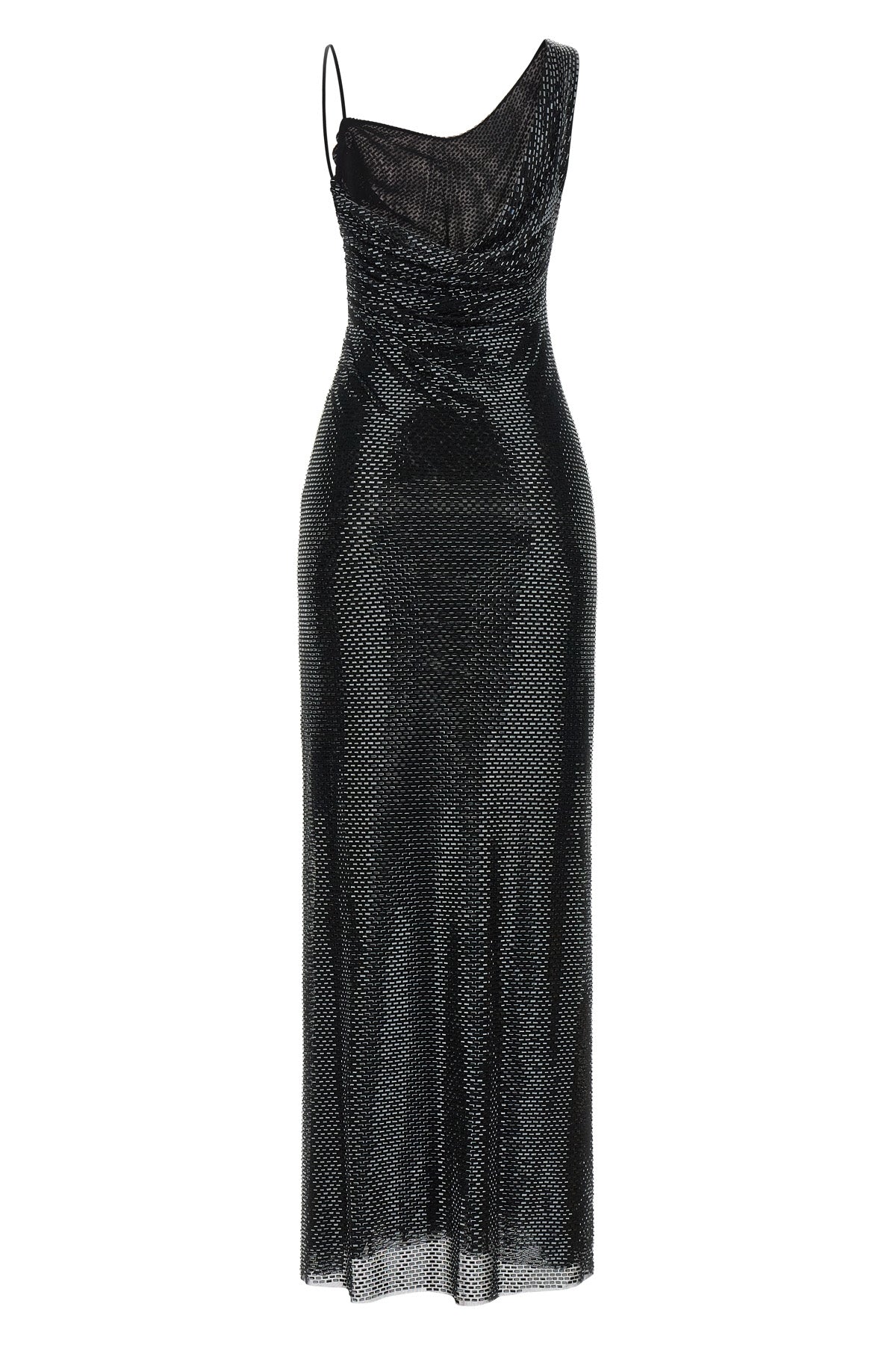 black rhinestone draped maxi tulle dress