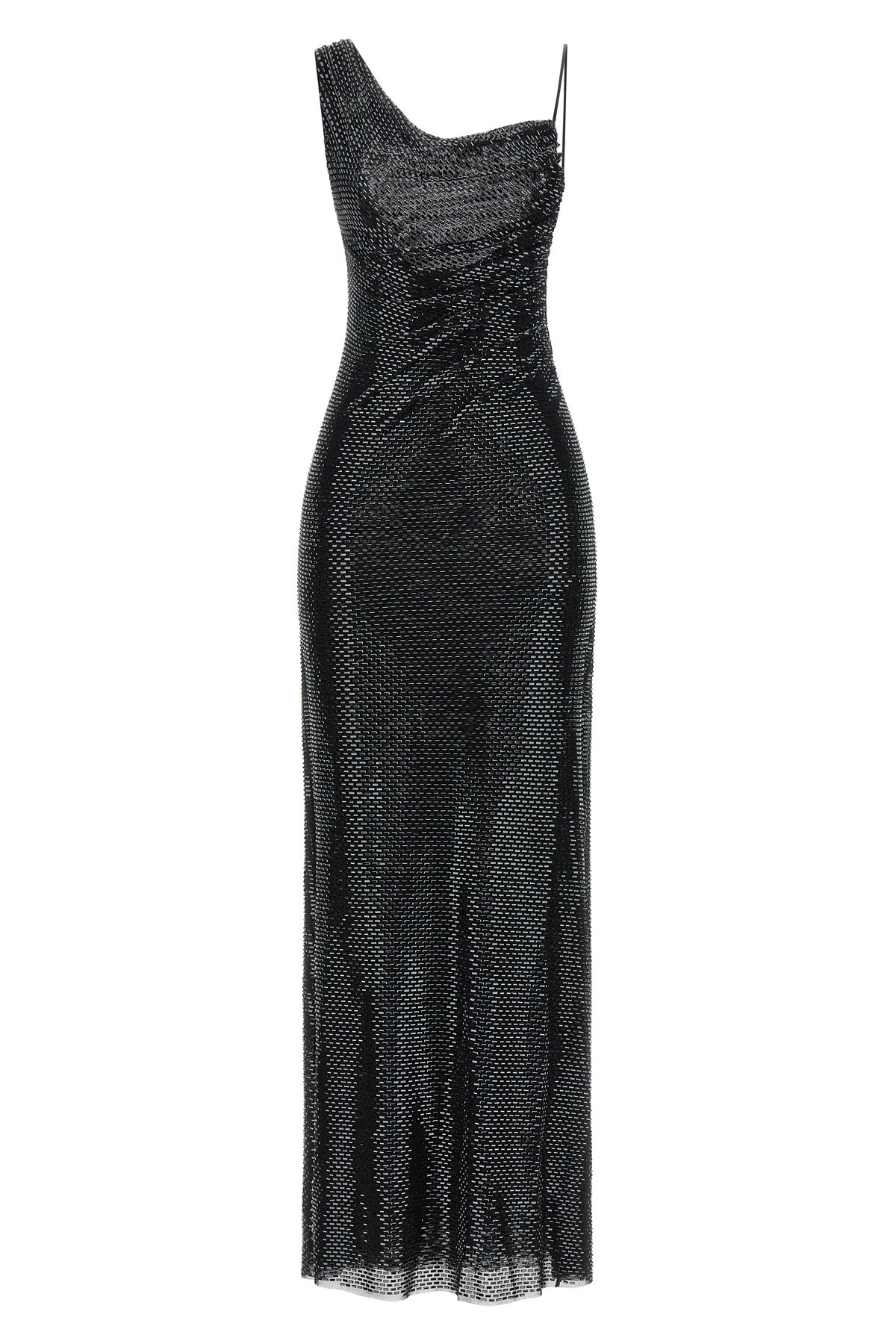 black rhinestone draped maxi tulle dress