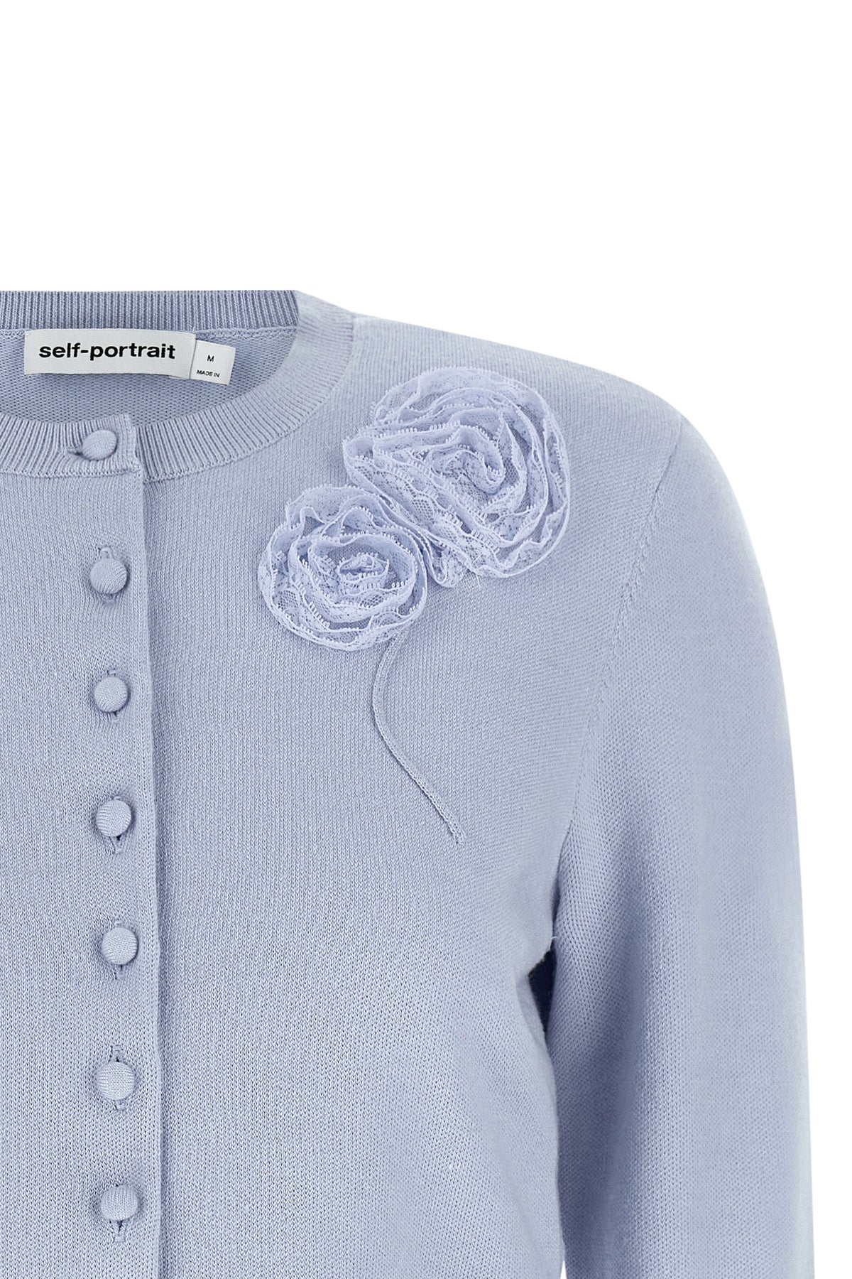 blue flower knit stretch knit cardigan