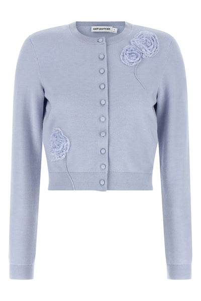 blue flower knit stretch knit cardigan
