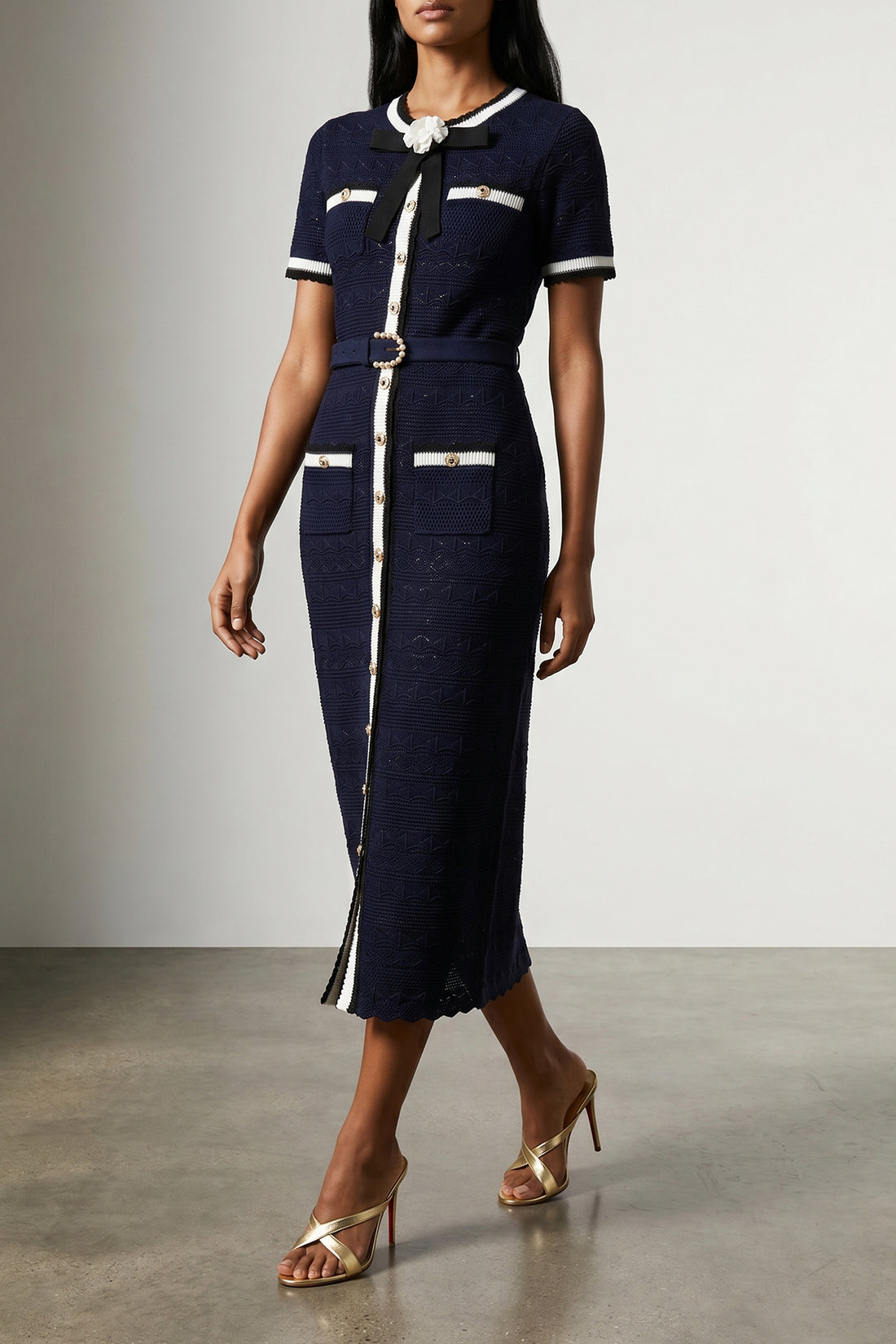 SELF PORTRAIT M navy pointelle knit midi pointelle knit dress