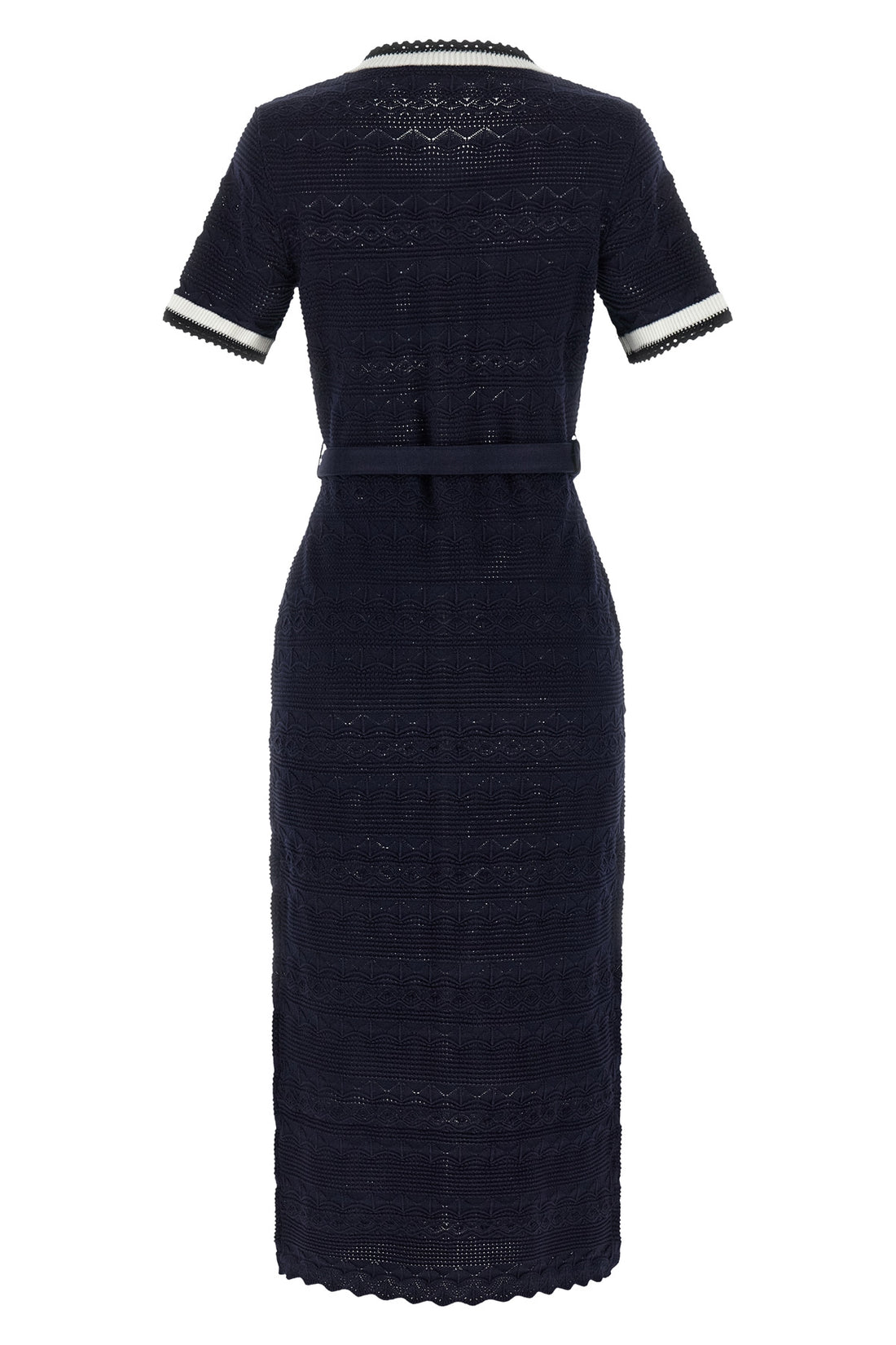 SELF PORTRAIT S navy pointelle knit midi pointelle knit dress