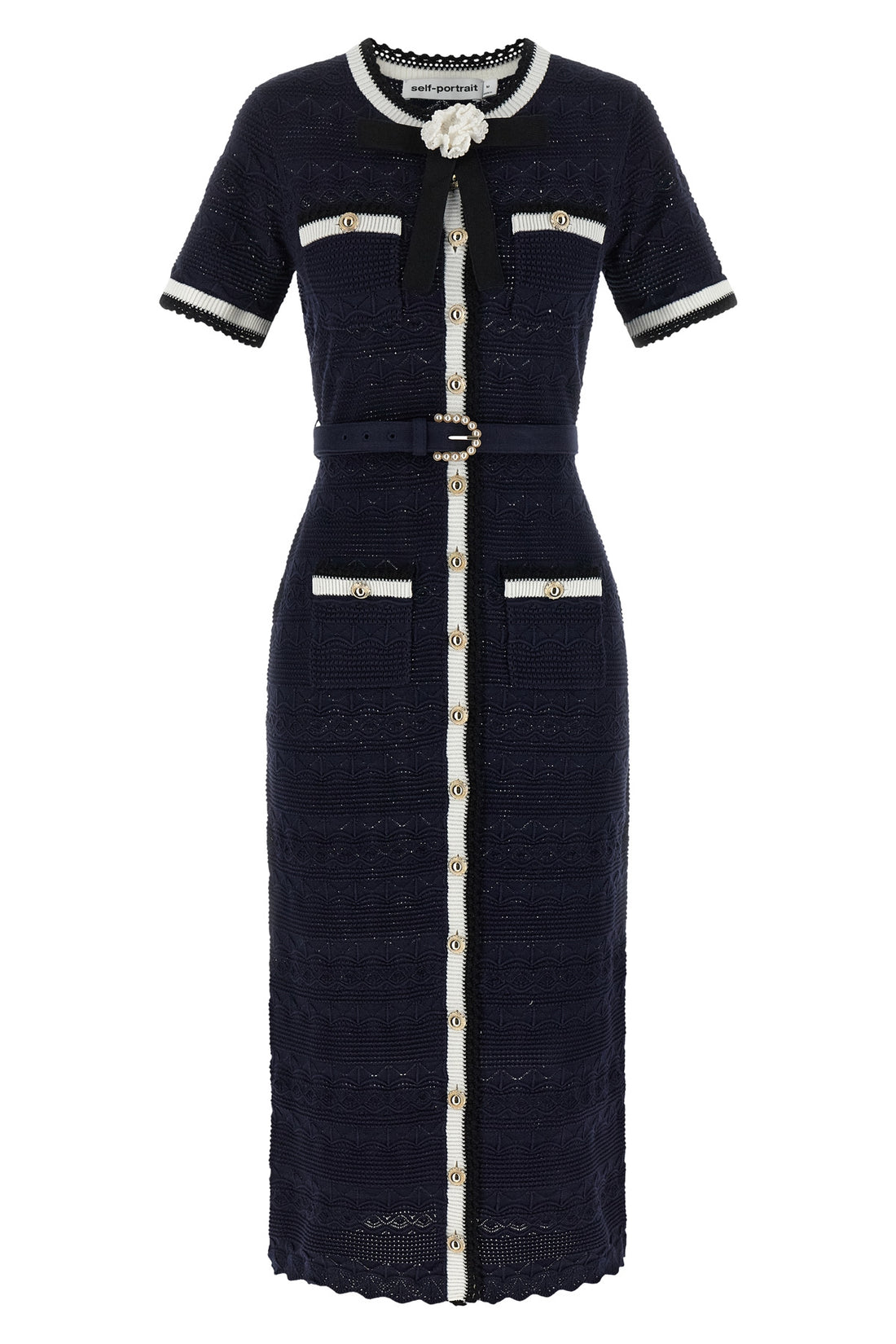 SELF PORTRAIT S navy pointelle knit midi pointelle knit dress