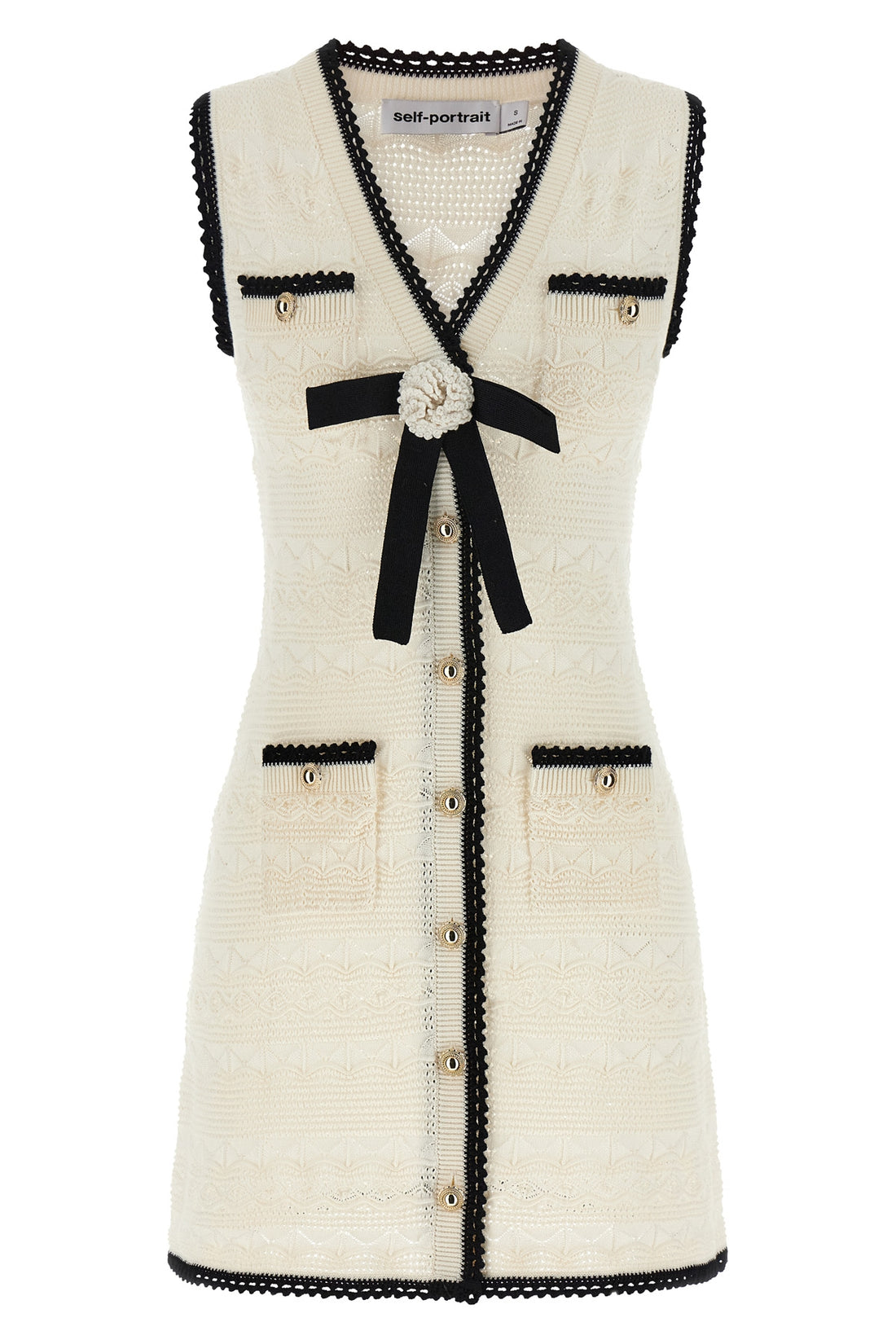 SELF PORTRAIT S white pointelle knit mini knit pointelle dress