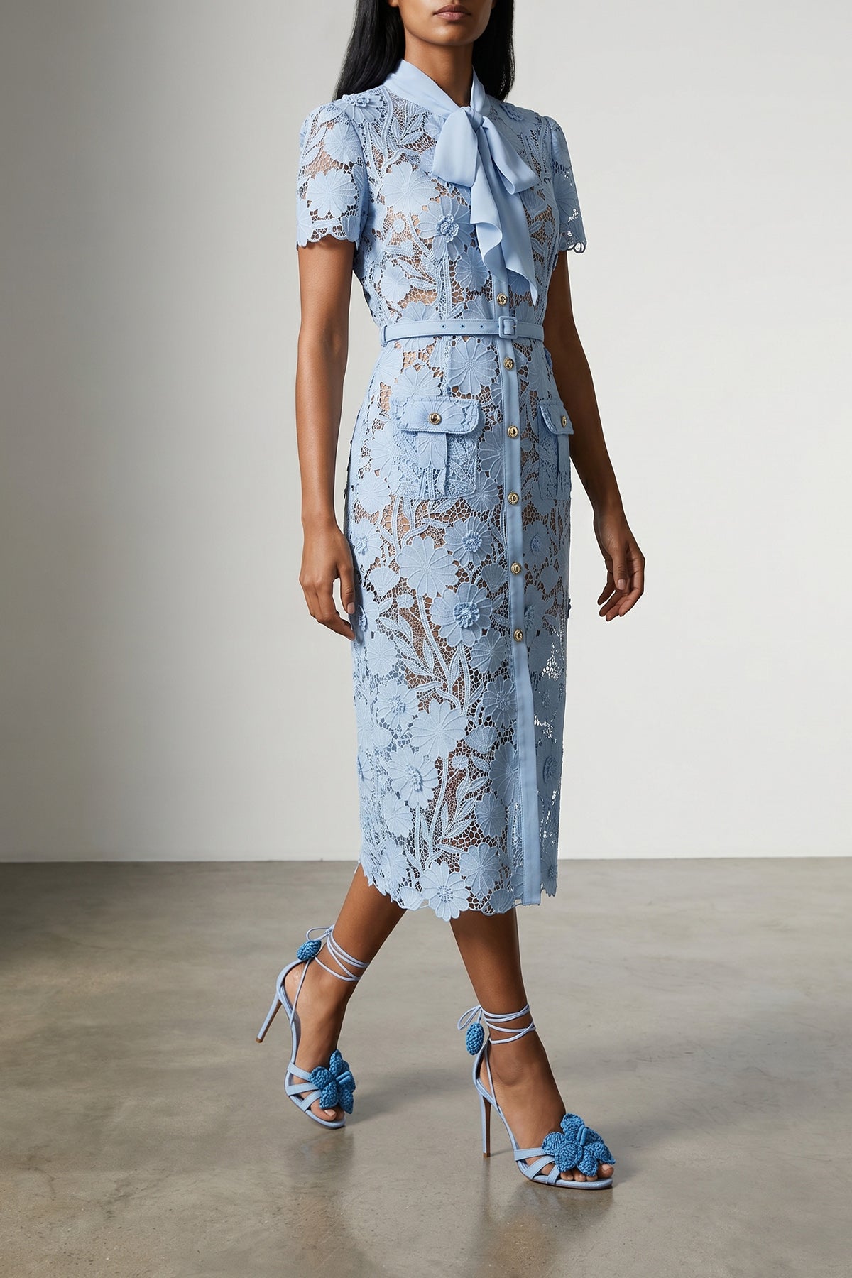 Self Portrait Blue Lace Tie Neck Midi Lace Dress | Modecraze
